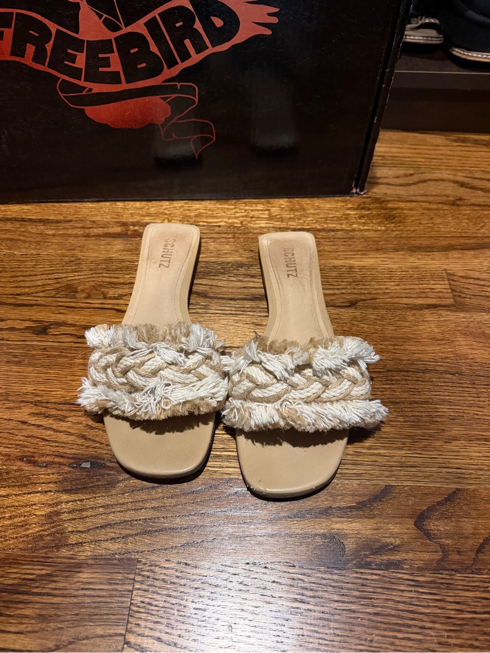 SCHUTZ Braided Fringe Slide Sandal in Beige